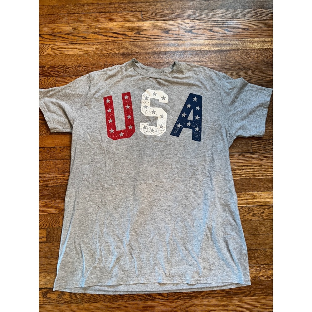 USA Graphic T-Shirt Gray Red White Blue Stars Patriotic Unisex Large